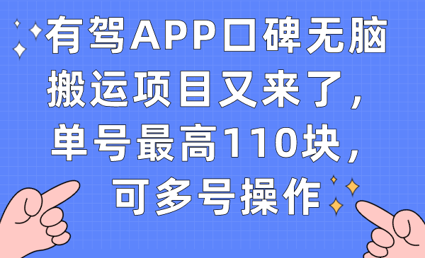 有驾APP口碑无脑搬运项目又来了，单号最高110块，可多号操作-知一项目网